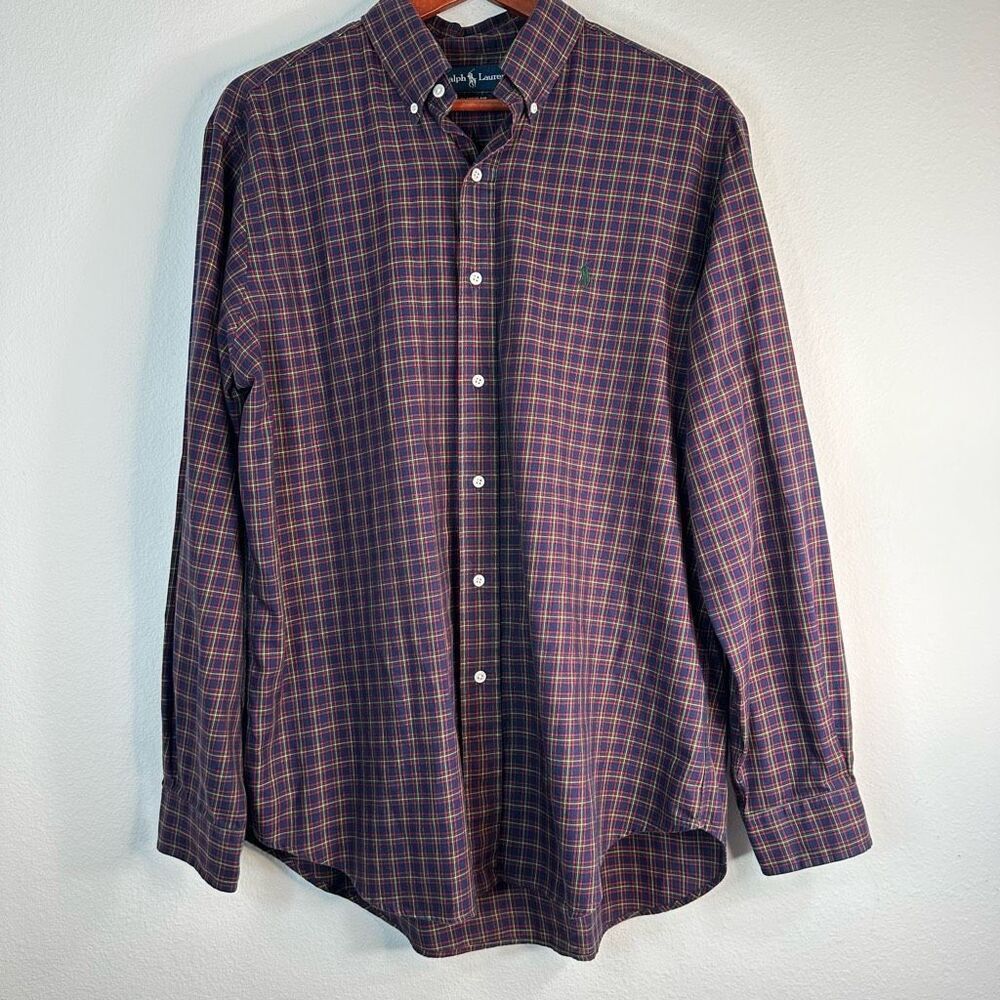 Vintage Ralph Lauren Mens Retro Plaid Button Front Top Large Preppy Classic Fit